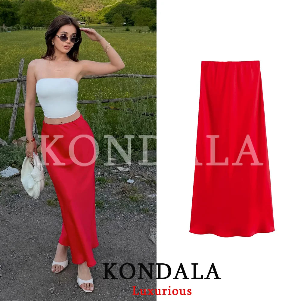 Vintage Satin Solid Long Skirt Women High Waist