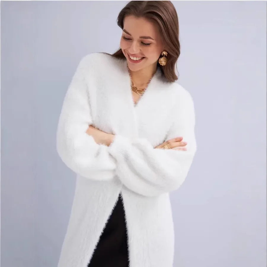 Thick Knee Length Open Knit Coat for Women