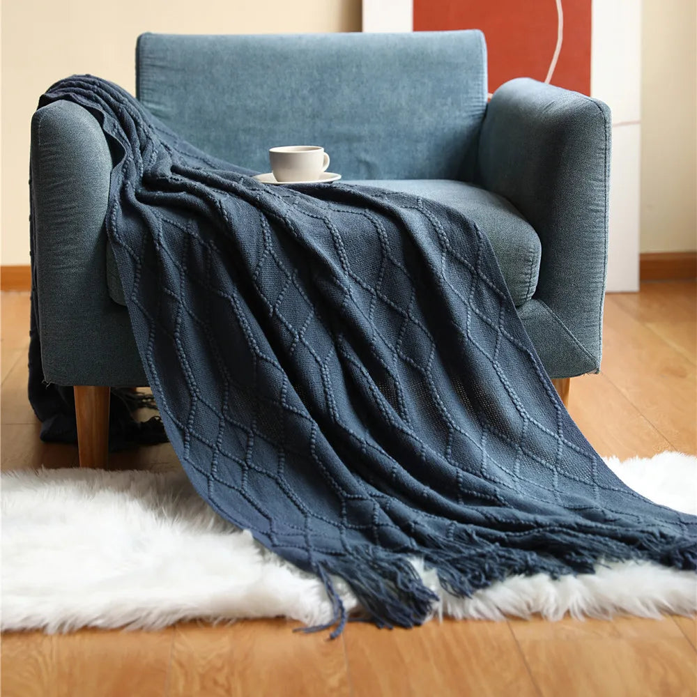 Khaki Knitted Acrylic Blanket with Tassels