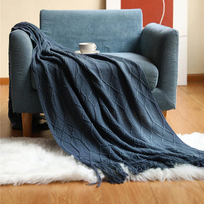 Khaki Knitted Acrylic Blanket with Tassels