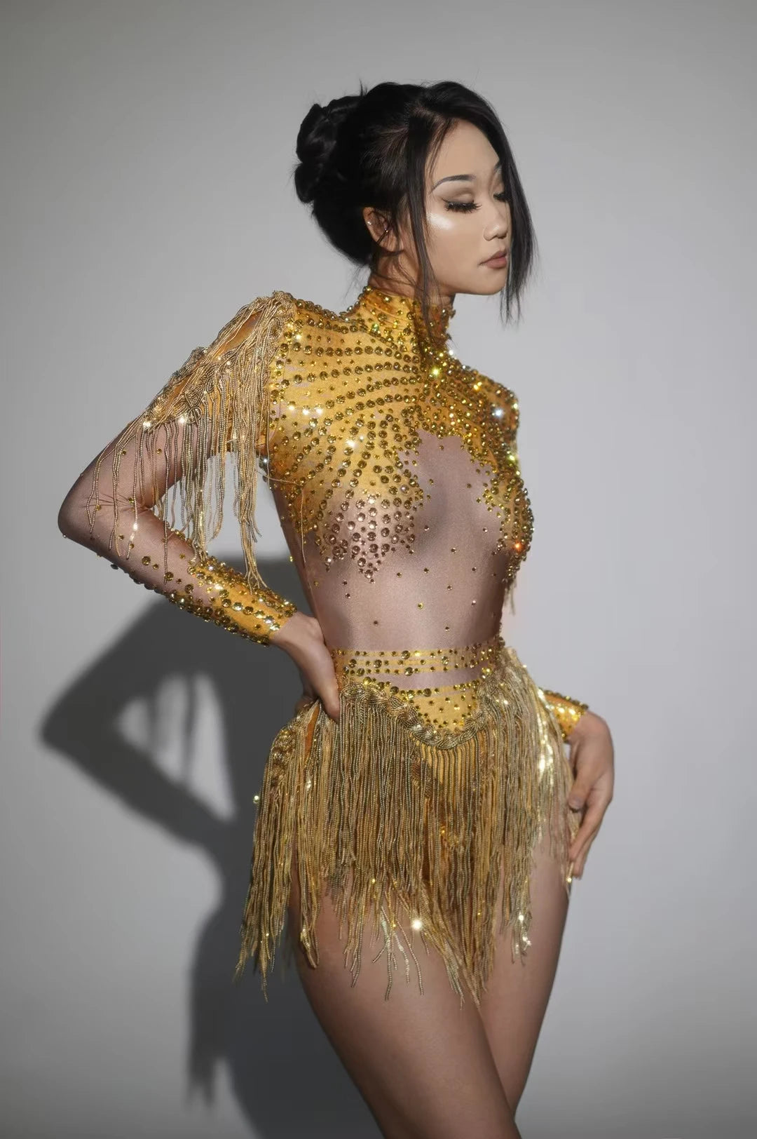 Rhinestone Tassel Elastic Bodysuit for Women