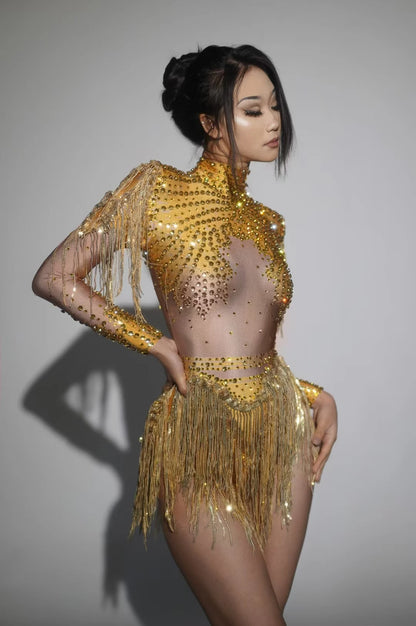 Rhinestone Tassel Elastic Bodysuit for Women