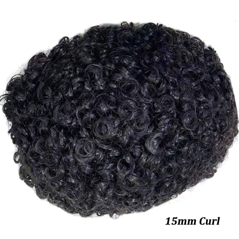 Curly Human Hair Toupee for Men Full PU Natural Color