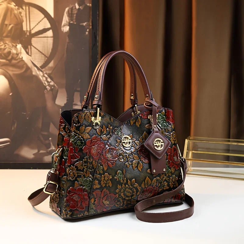 Vintage Floral Pattern PU Leather Handbag