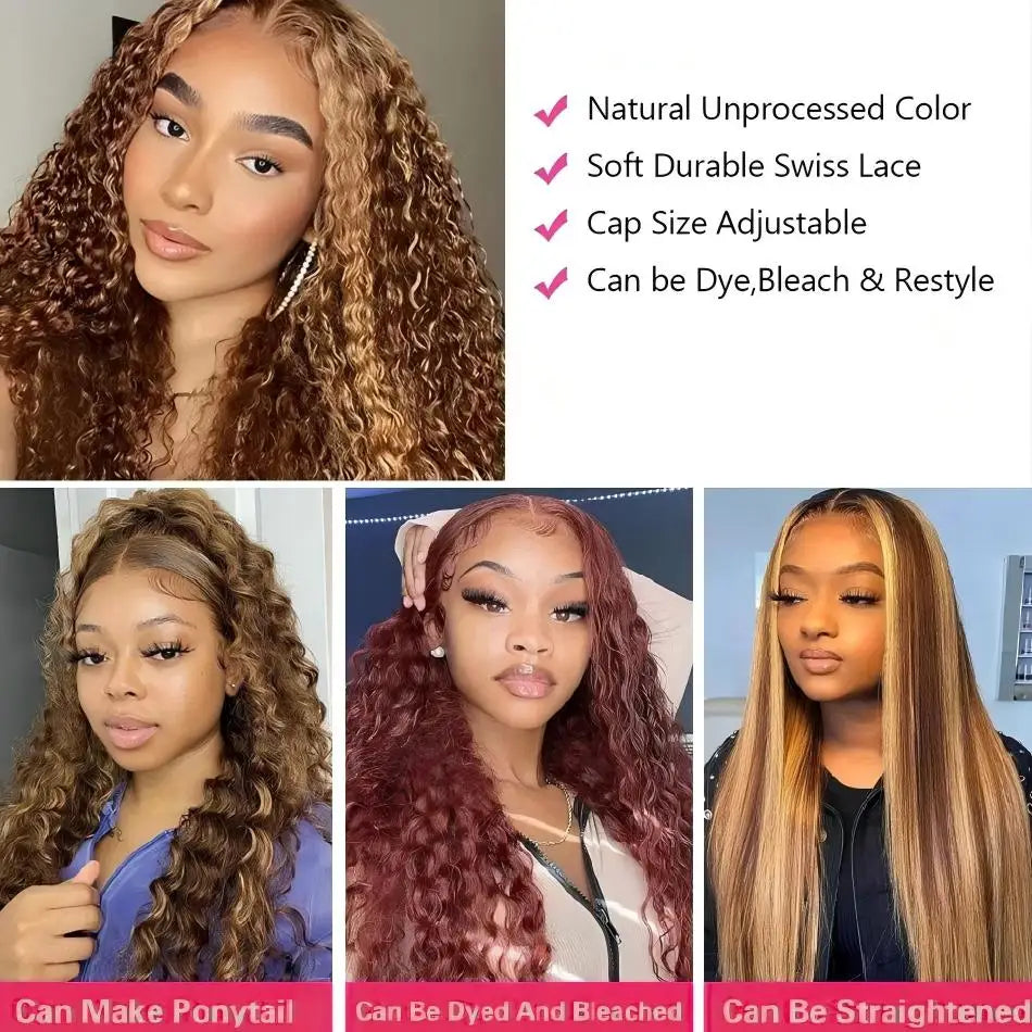 Deep Wave Human Hair Wig Honey Blonde Highlight 5x5 Lace Closure