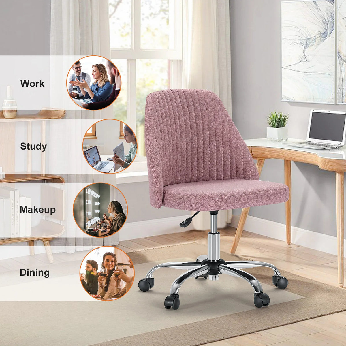 JHK Armless Swivel Office Chair with Fabric and Wheels