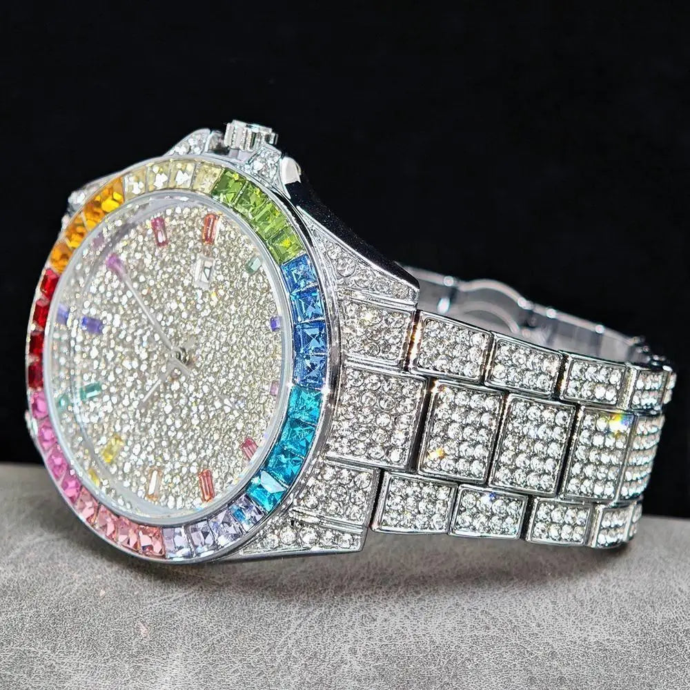 Fashion Gold Quartz Wristwatch for Men with Rainbow Diamonds
