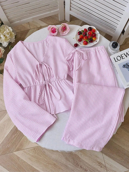 Women Striped V Neck Lace Up Blouse and Wide Leg Pants Set
