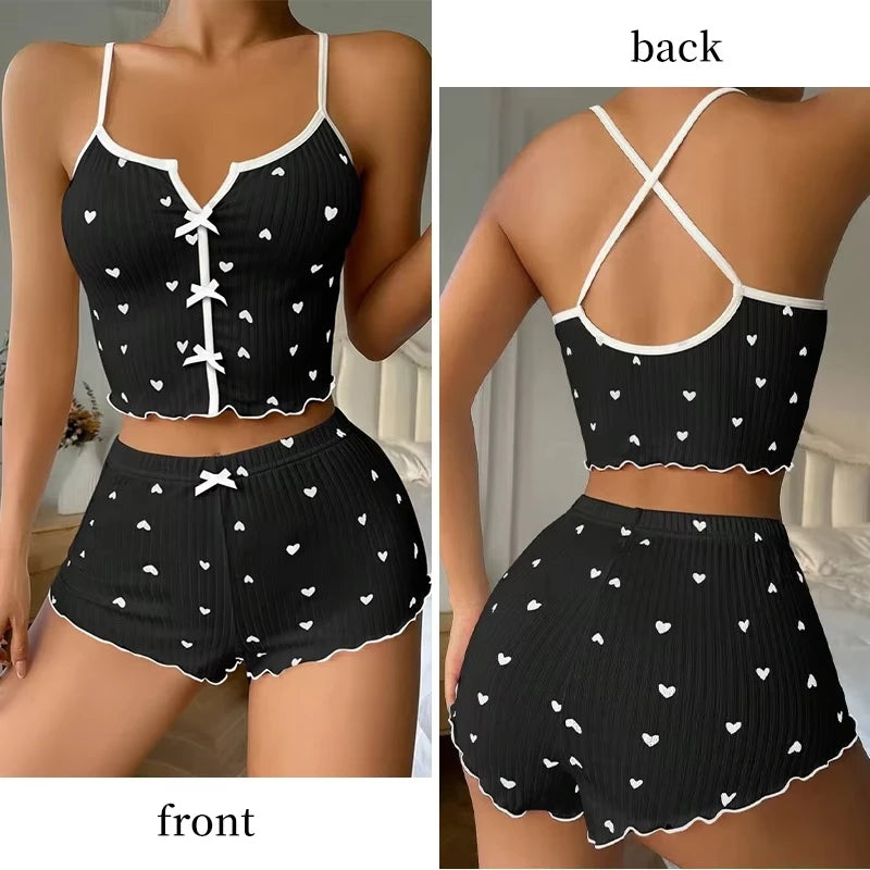 Heart Print Silk Satin Women Pajamas Set