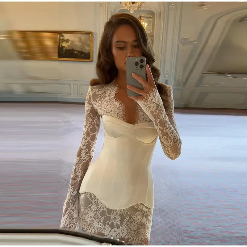 Lace Mini Dress for Women with Corset and Long Sleeves
