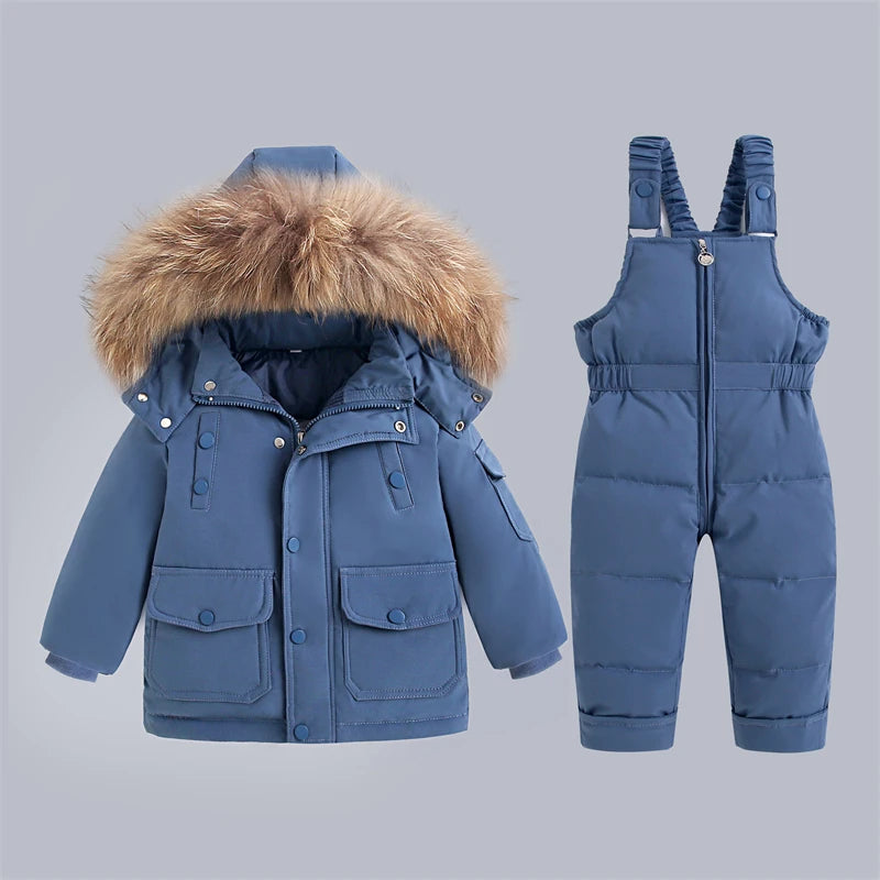 Children's Winter Down Jacket and Jumpsuit Set with Fur Collar