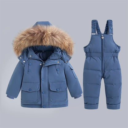 Children's Winter Down Jacket and Jumpsuit Set with Fur Collar