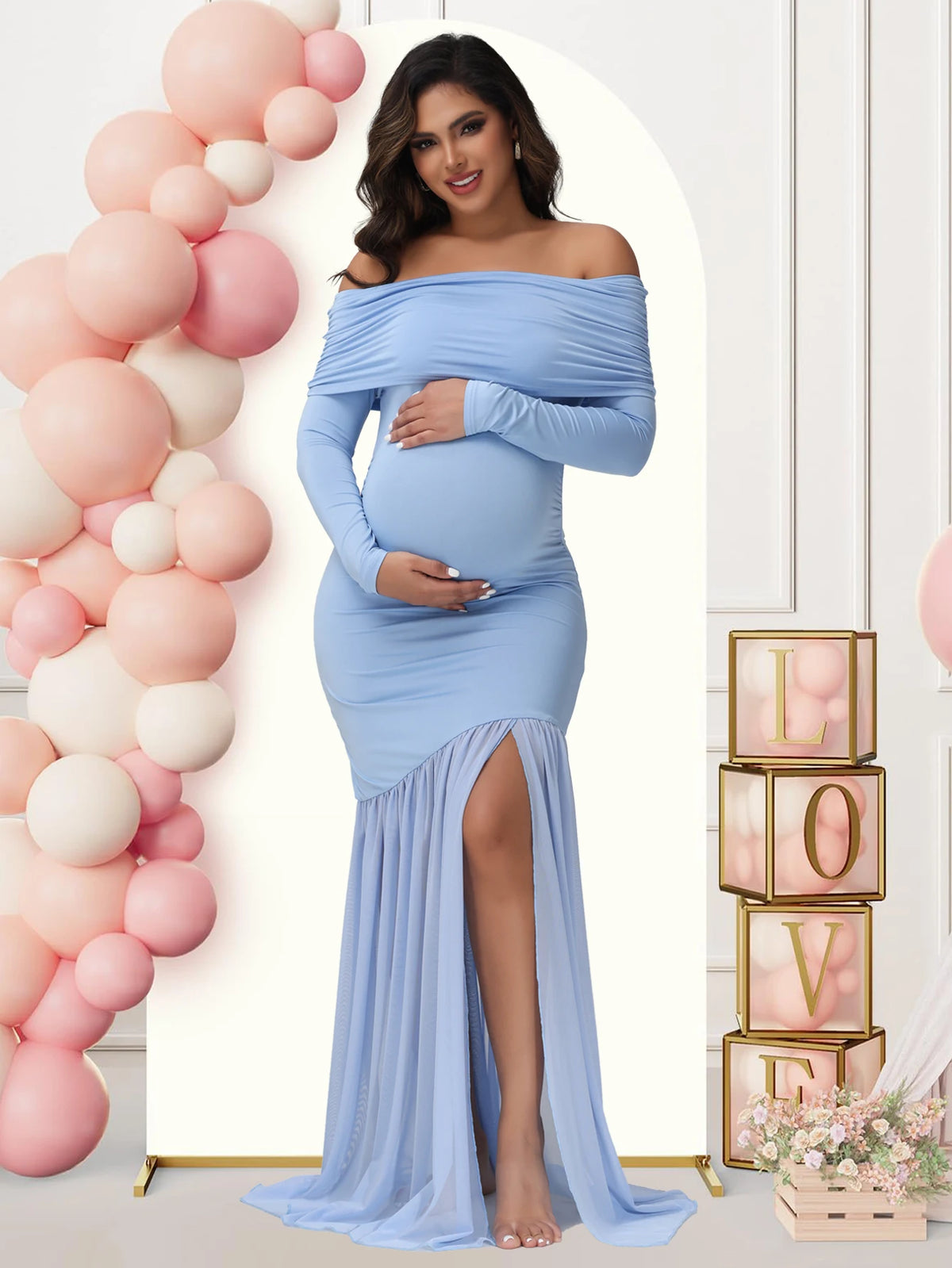 Elegant Off-Shoulder Maternity Dress with Slits