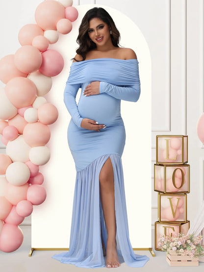 Elegant Off-Shoulder Maternity Dress with Slits