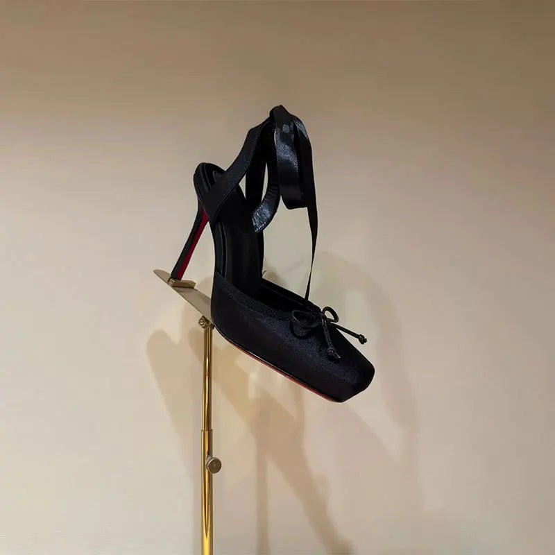 High-Heeled Satin Bow Ankle Strap Sandals for Women