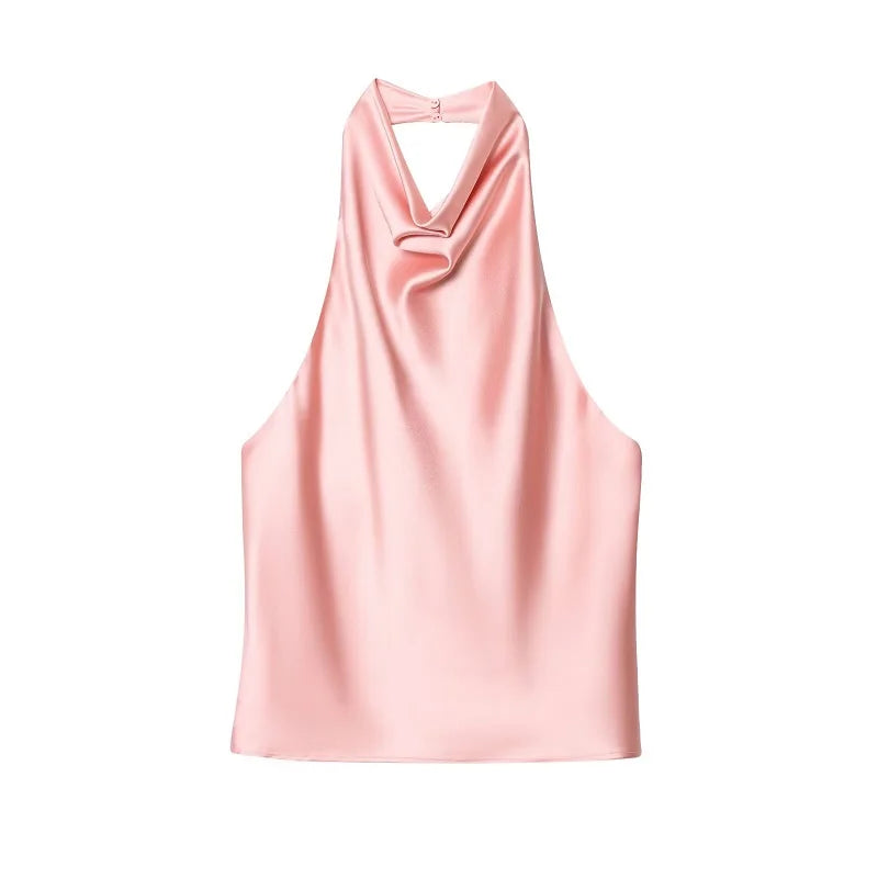Black Satin Backless Halter Top for Women