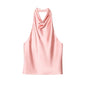 Black Satin Backless Halter Top for Women