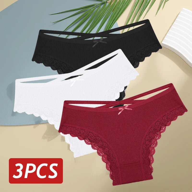 3PCS Women Cotton Lace Brazilian Panties Set S-XL