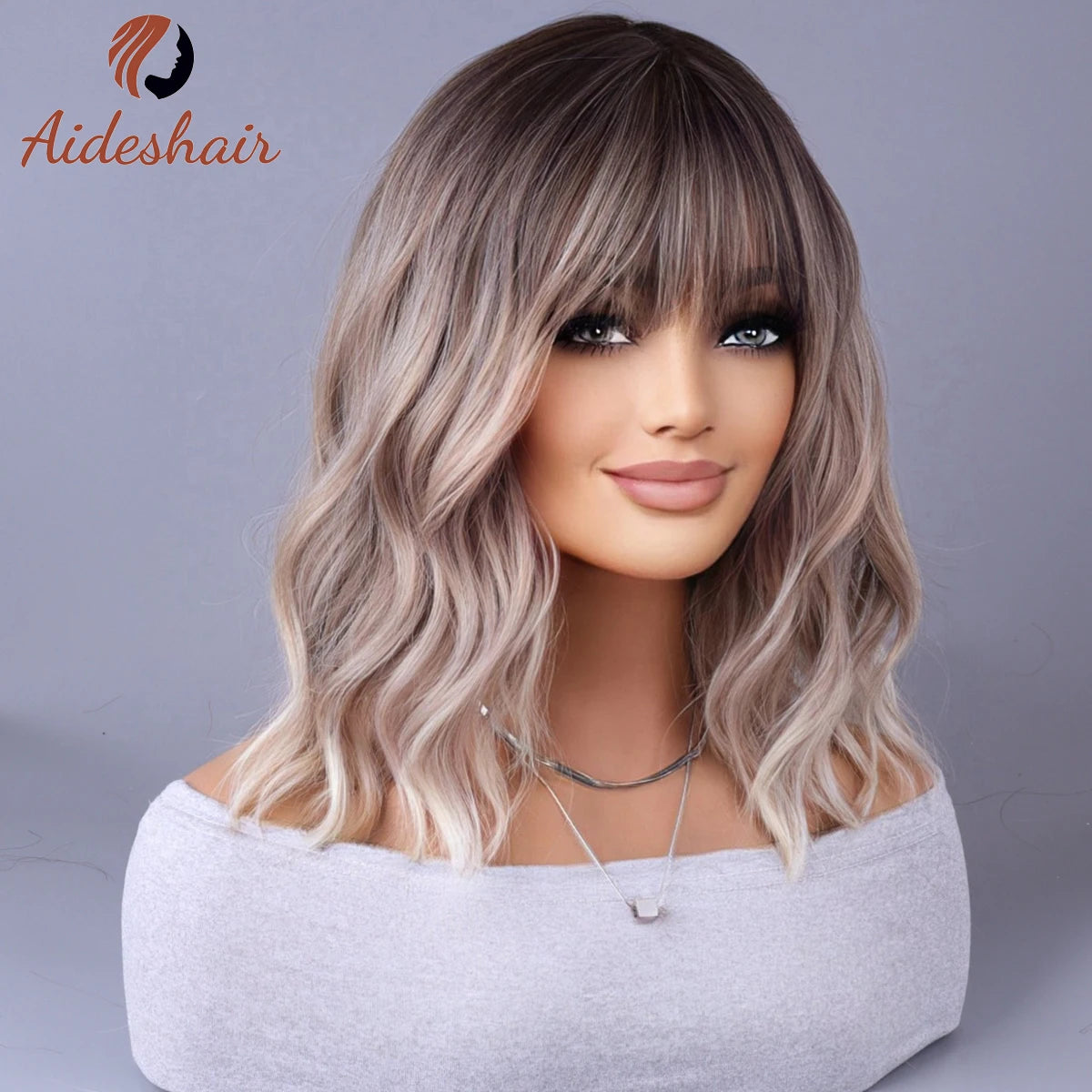 Light Gray Synthetic Wig with Fringe for Daily Use
