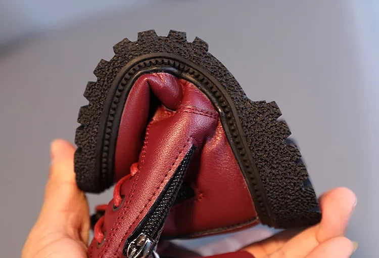 Burgundy PU Leather Ankle Boots for Kids