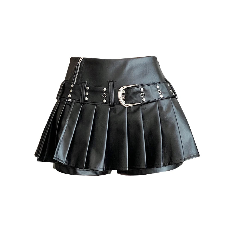 Black Pleated Leather A-line Skirt for Women