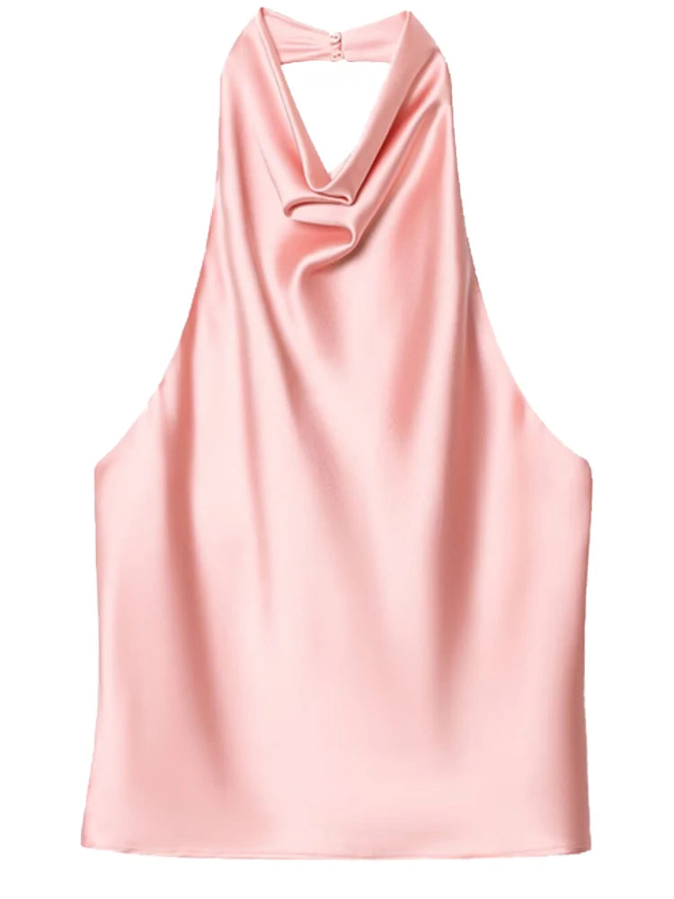 Halter Satin Backless Corset Top for Women in Yellow Pink Black