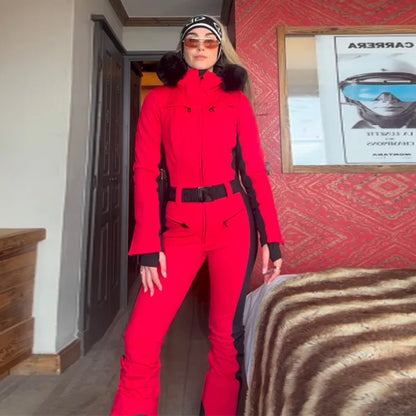 Hooded One-Piece Ski Jumpsuit for Women Windproof Outwear
