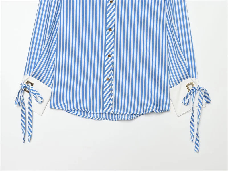 Women's Striped Bow-Tie Shirt Jacket in Polyester