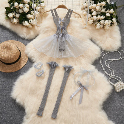 Women Transparent Lace Up Halter Bodysuit Romper