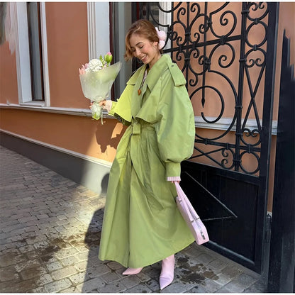 Khaki Long Color-block Stripe Trench Coat for Women