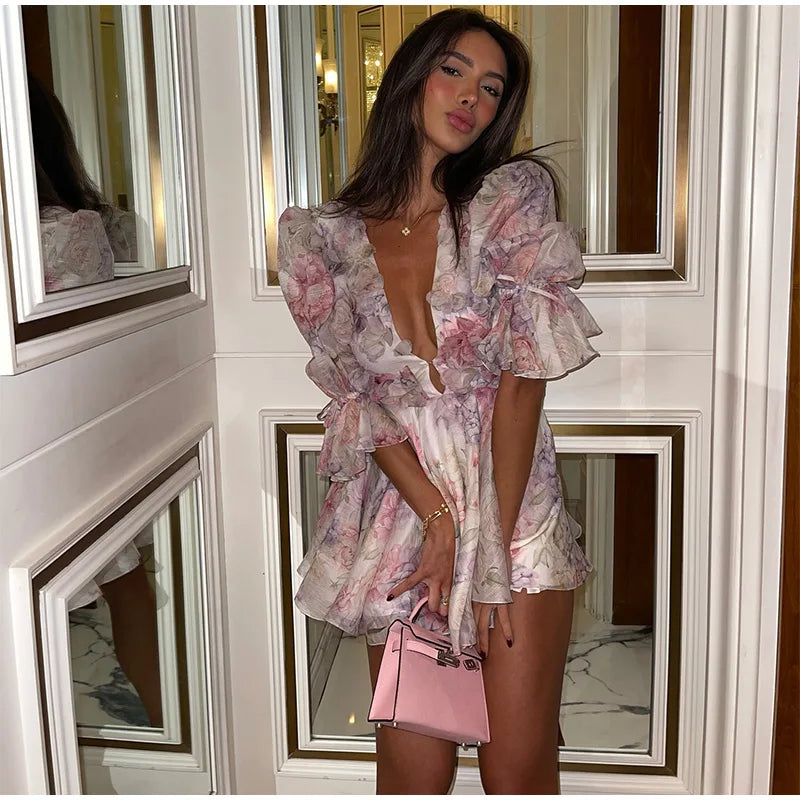 Women Tie-Dye Flower Deep V Neck Flare Sleeve Mini Dress