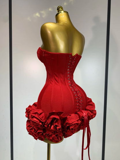 Women Strapless Backless Flower Embellished Mini Dress