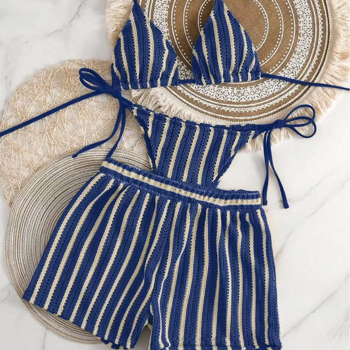 Mesh Three-Piece Women's Swimsuit with Lace-Up Detail