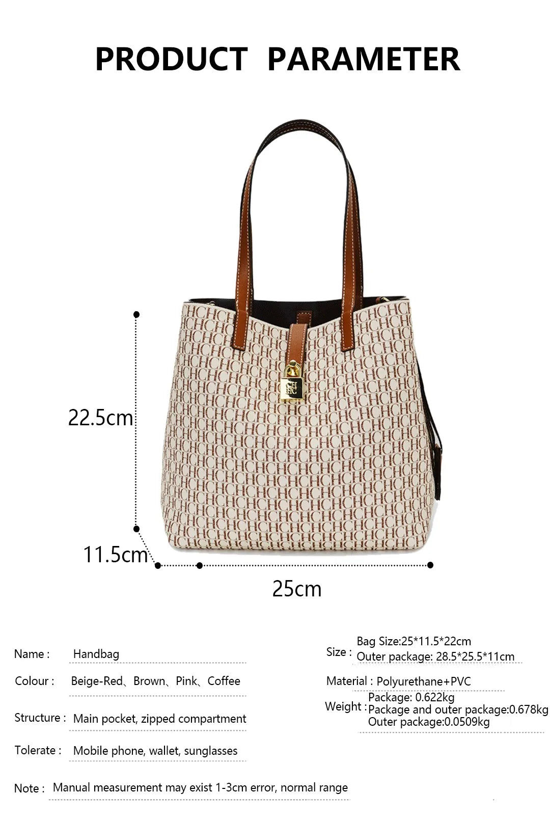 CH Women Monogram Print Shoulder Bag Large Capacity