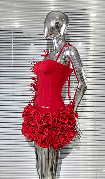 Black Red Women Strapless Bodycon Mini Skirt Set
