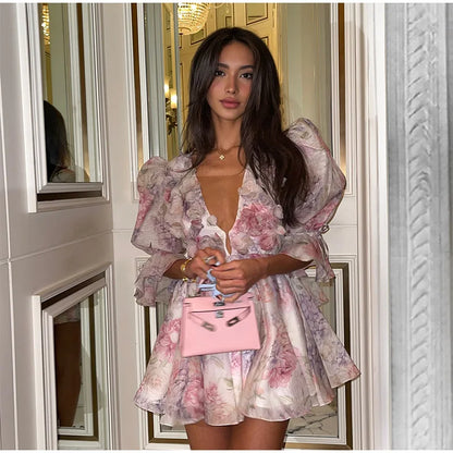 Women Tie-Dye Flower Deep V Neck Flare Sleeve Mini Dress