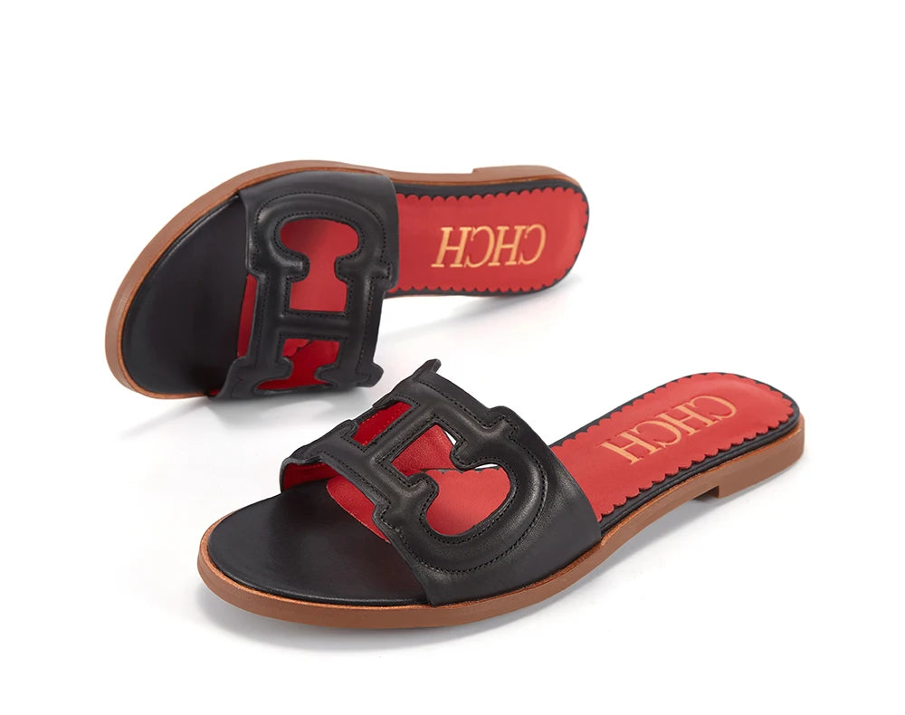CHCH Women's Black Flat Indoor Slippers