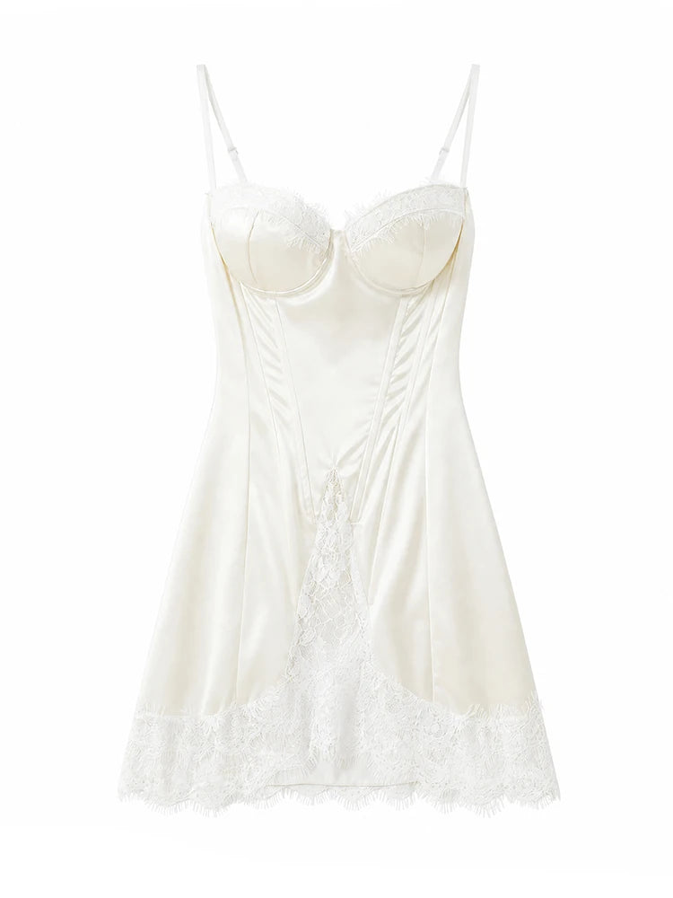 Women White Lace Trim Corset Mini Dress