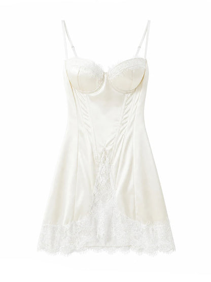Women White Lace Trim Corset Mini Dress