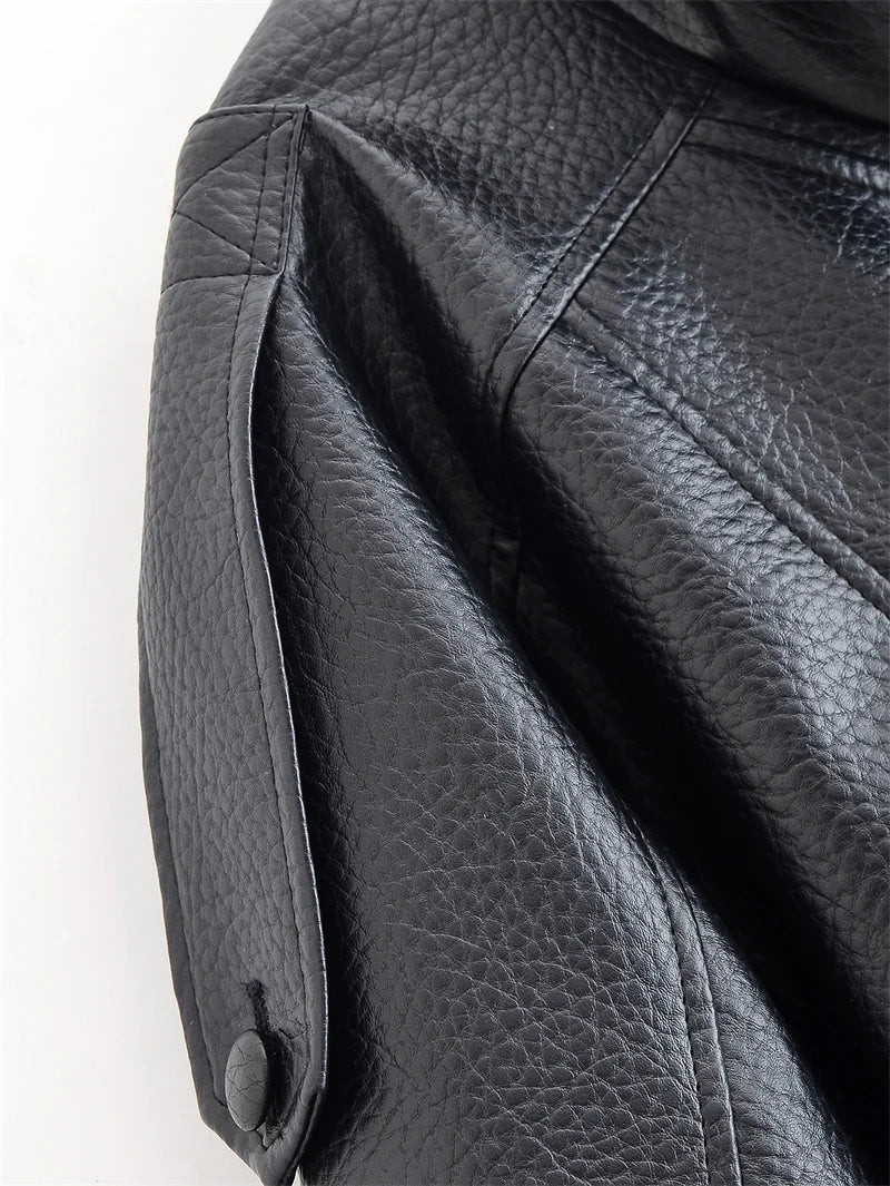 Black Long Sleeve Faux Leather Motorcycle Jacket