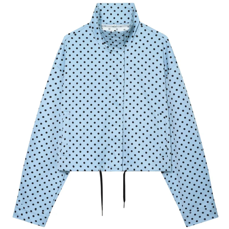 Polka Dot Bomber Jacket Women's Zip Up Crop Coat