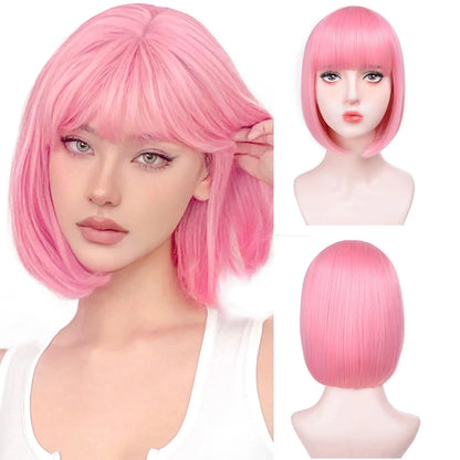 Pink Bob Synthetic Wig with Bangs for Cosplay