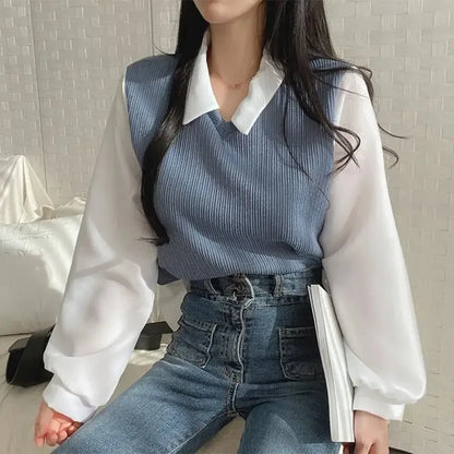 Korean Style Polo Collar Chiffon Blouse for Women