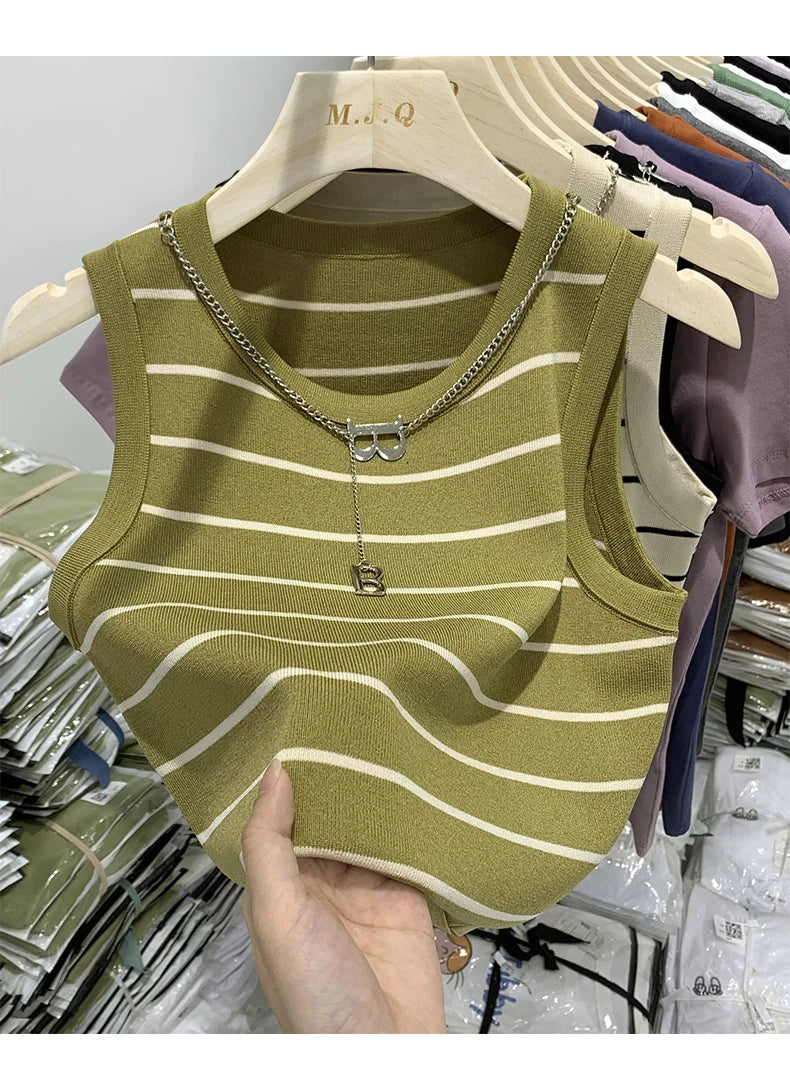 Striped Knit Sleeveless Waistcoat for Women