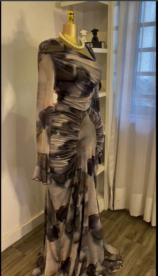 Women Tie Dye Maxi Dress with Skew Neck and Flare Sleeves