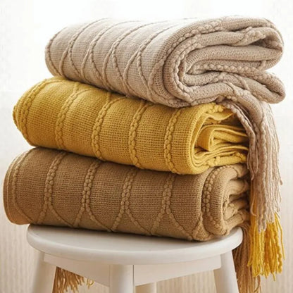 Khaki Knitted Acrylic Blanket with Tassels
