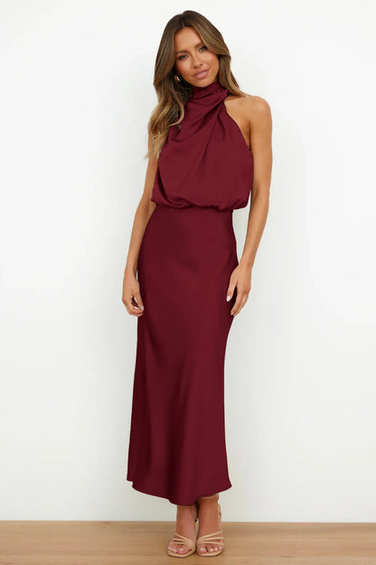 Elegant Silk Satin Sleeveless Long Dress for Women