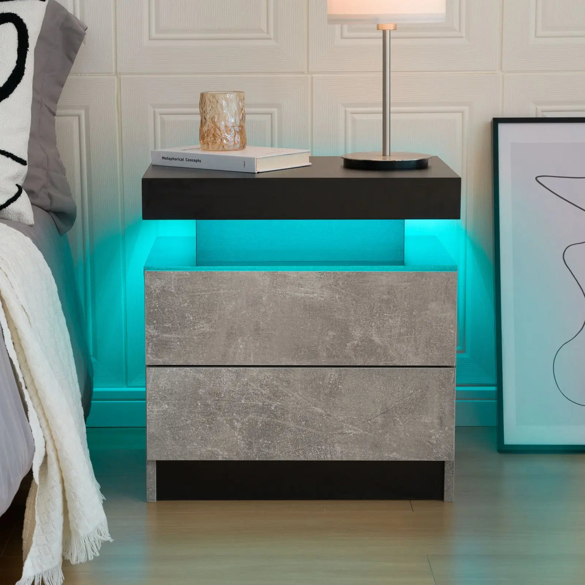 Cubehom White LED Nightstand with 2 Drawers
