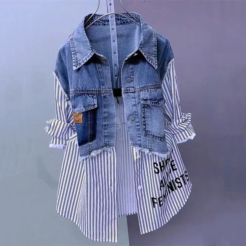 Splicing Denim Jacket Women Casual Jean Coat