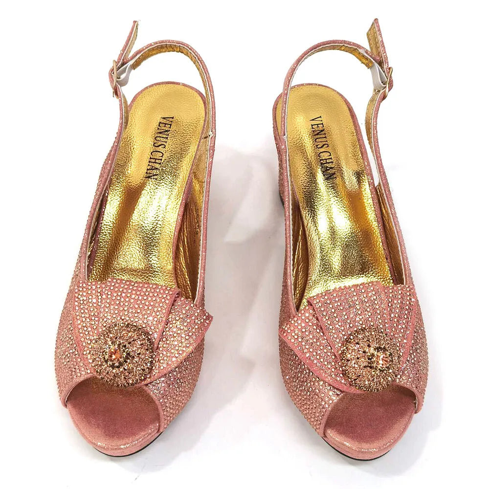 Golden Wedding Shoes And Bag Set With Diamond Decoration